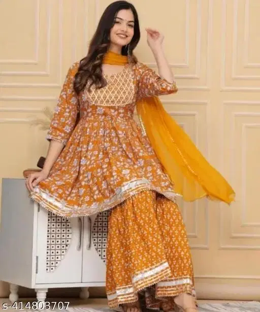 Rayon Embroidered Anarkali Kurti with Sharara & Dupatta Set for Women, Yellow (XS)