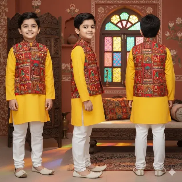 Cotton Blend Printed Kurta with Payjama for Boys, Yellow & White (9-10 Years)