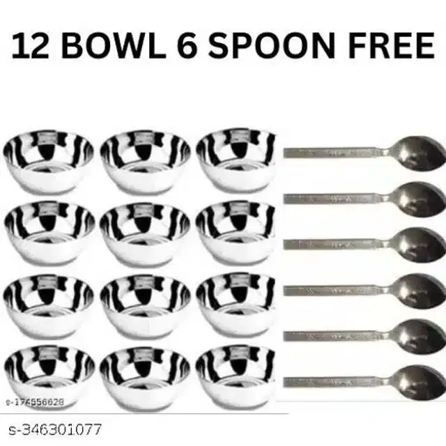 Stainless Steel 12 Pcs Bowls with 6 Pcs Spoon, Silver, Set of 2