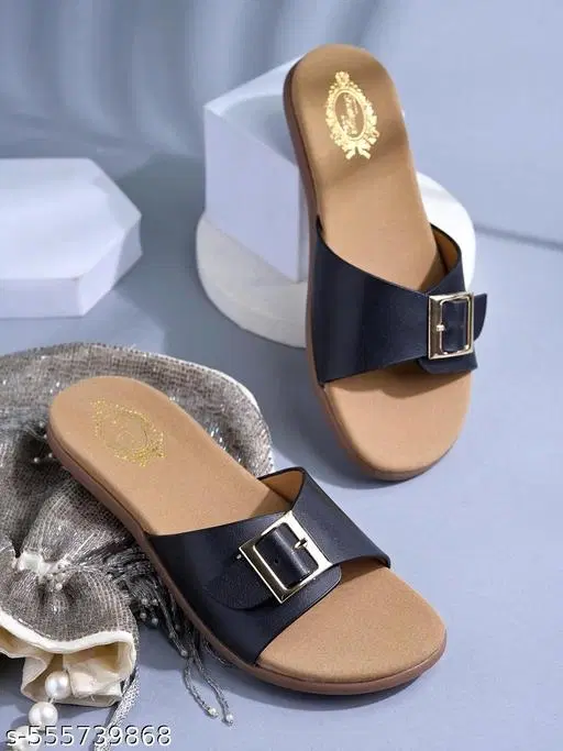 Solid Synthetic Flat Girls Sandals (Black, 5)