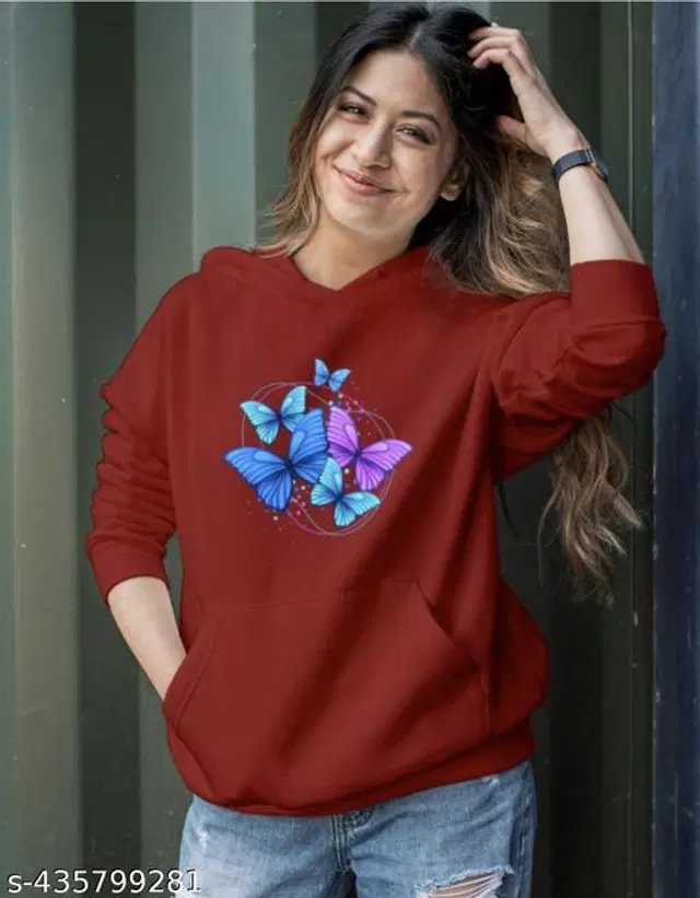 Fleece Printed Hoodie for Women (Maroon, S)
