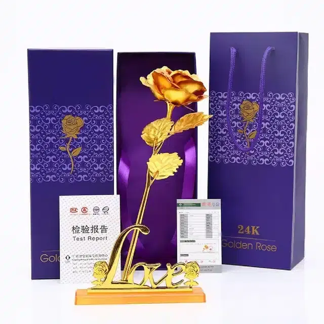 24K Gold Plated Artificial Rose Flower with Love Stand, Gold