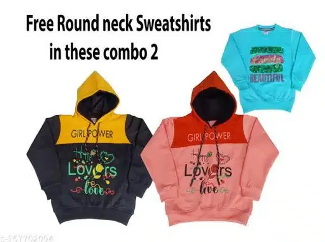 Fleece Printed Full Sleeves Hooded Sweatshirts with Free Round Neck Sweatshirt for Girls, Set of 3 (Multicolor, 4-5 Years)
