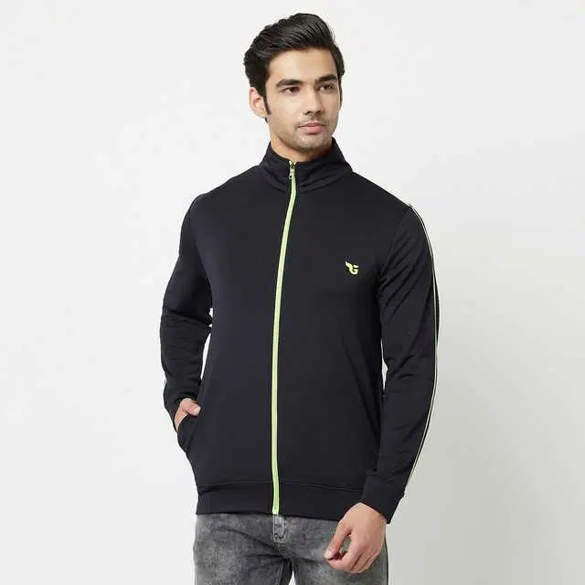 Glito Men Stretchable Regular Fit Gym Wear Jacket (Black & Lemon Green, S) (GI-7)
