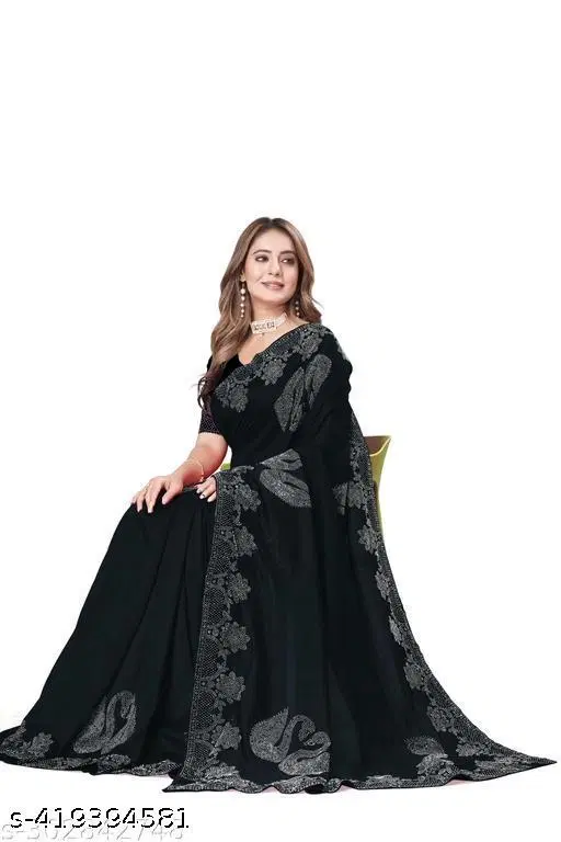 Georgette Solid Saree For Women, Black