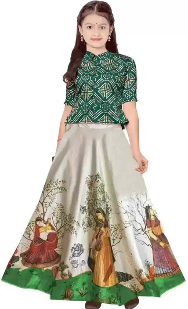 Digital Printed Lehenga Choli for Girls (Green, 4-5 Years)