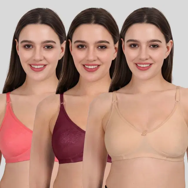 Cotton Bra for Women, Multicolour, Pack of 3 (28B)