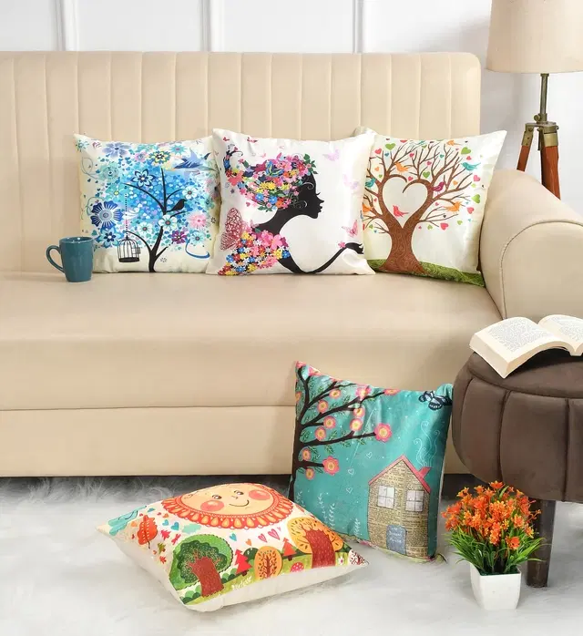 Jute Printed Cushion Covers, Multicolor, 16x16 inches, Pack of 5