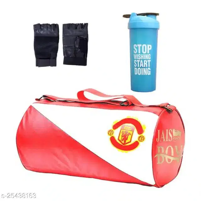 Combo of Gym Bag with Shaker Bottle, 600 ml, Gloves, Multicolor, Set of 3