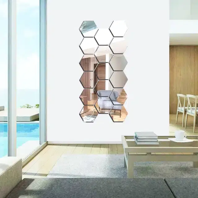 Acrylic Hexagon Shaped Wall Mirror Stickers, Silver, Pack of 17