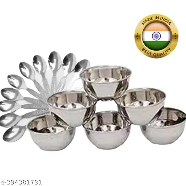 Stainless Steel Bowls, 6 Pcs with 12 Pcs Spoons, Silver, Set of 2