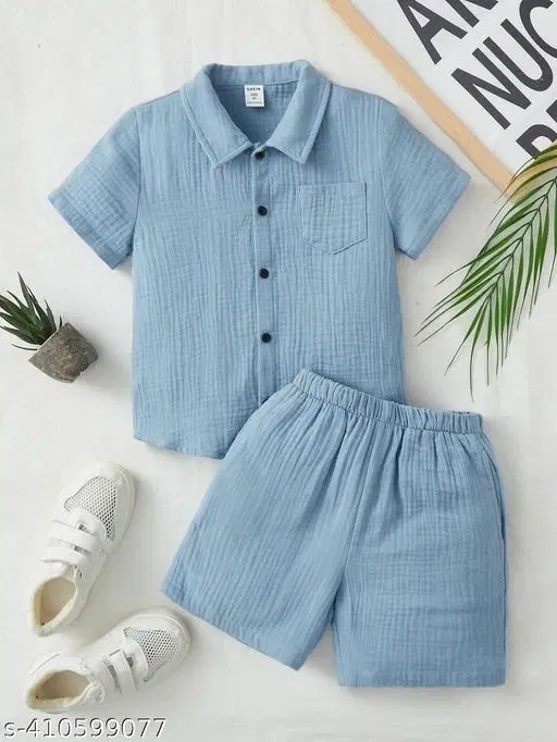 Cotton Spandex Shirt and Short Set for Boys (Sky Blue, 2-3 Years)