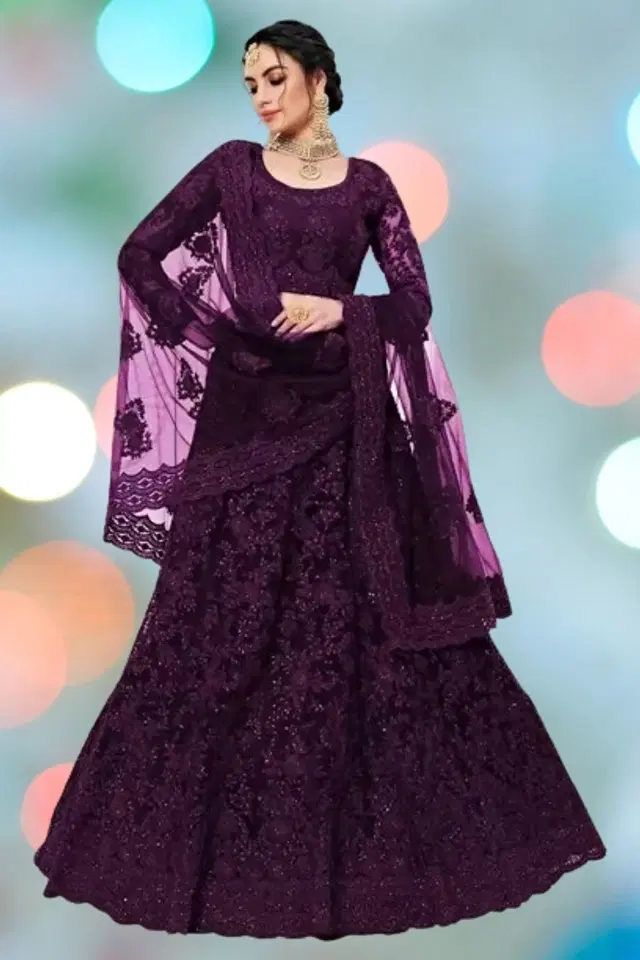 Net Embroidered Semi Stitched Lehenga Choli with Dupatta for Women,wine