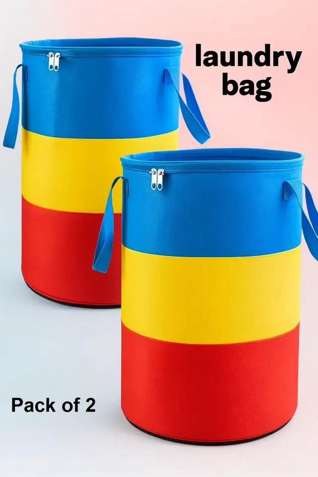 Non Woven Round Laundry Basket w/Zipper, Cloth organizer, Multicolor Pack of 2