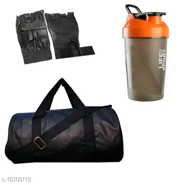 Combo of Gym Bag with Shaker Bottle, 400 ml, Gloves, Multicolor, Set of 3