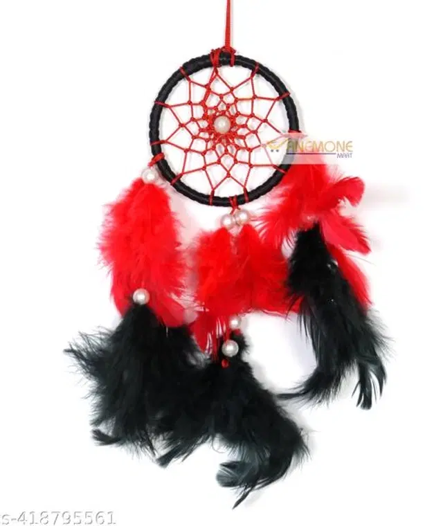 Feather Wall Hanging Dream Catcher, Red & Black