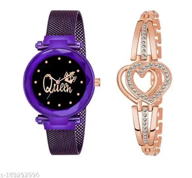 Analog Watch with Bracelet for Women, Set of 2 (Rose Gold & Purple)