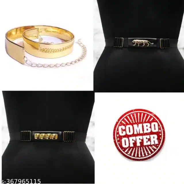 Fancy Belts for Women, Pack of 3 (Gold & Black)