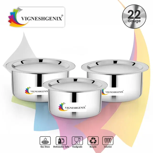 Stainless Steel Handi with Lids, Silver, Set of 3