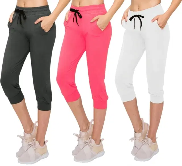 Cotton Solid Capris for Women, Pack of 3 (Multicolor, L)