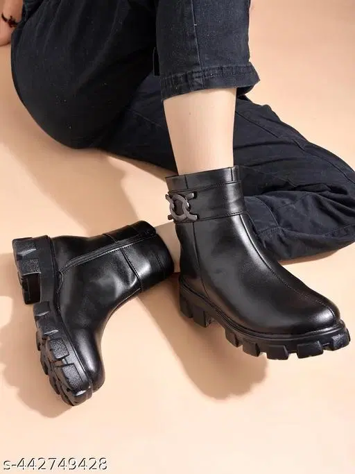 Shoetopia Solid Block Heel Boots Black (IND-3)