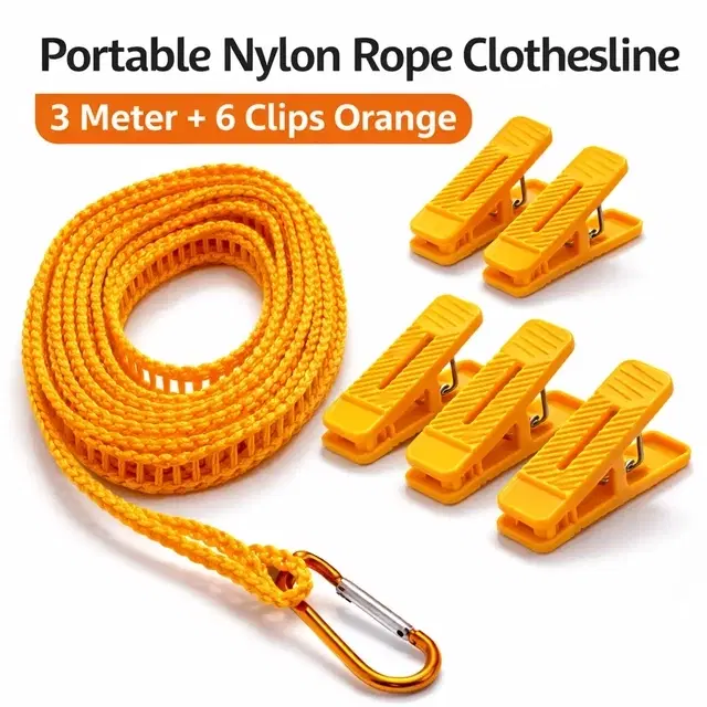 Portable Nylon Rope Clothesline 3 Meter + 6 Clips Orange