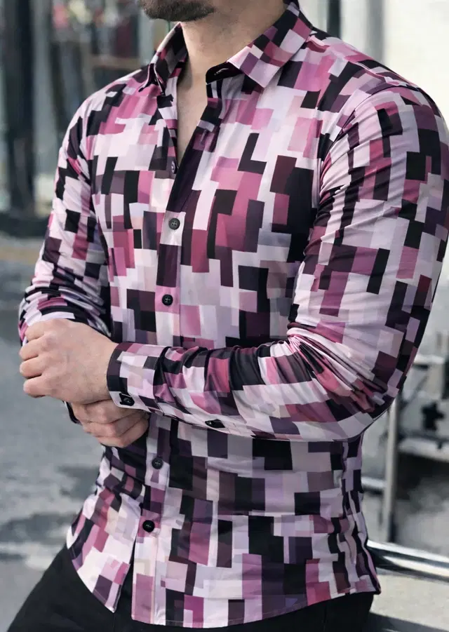 Lycra Geometric Print Shirt for Men, Pink (S)