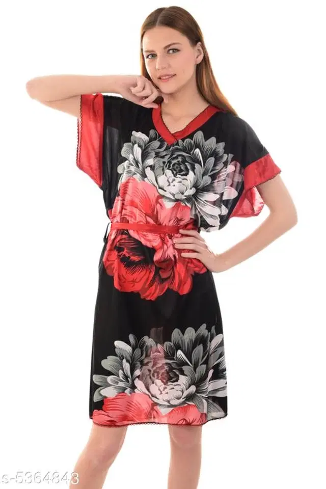 Satin Nightdress Set for Women (Red & Black, M)