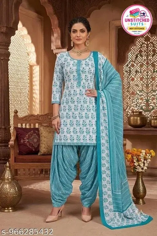 Cotton Blend Printed Salwar Suit Set for Women (Blue, L)