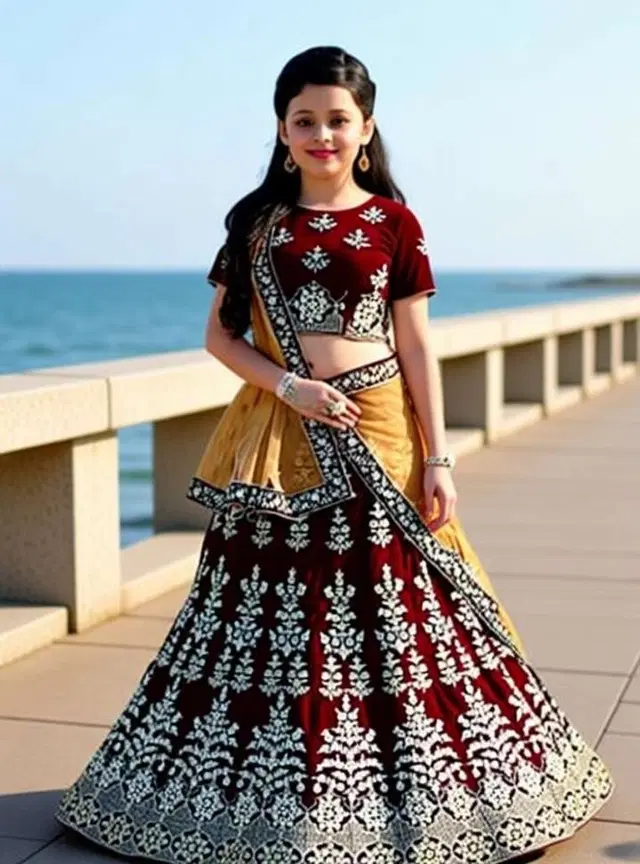 Satin Embroidered Lehenga with Choli & Dupatta for Girls (Maroon & Beige, 5-6 Years)