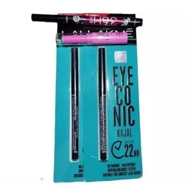 Pencil Eyeliner with 2 Pcs Kajal & Lip Balm, Black, Set of 3