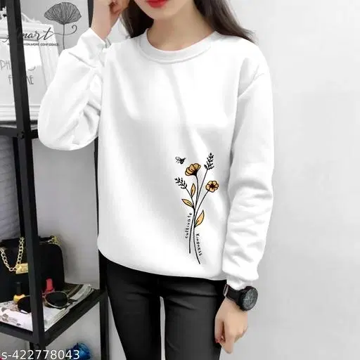 Cotton Blend Printed Sweatshirt for Women (White, S)