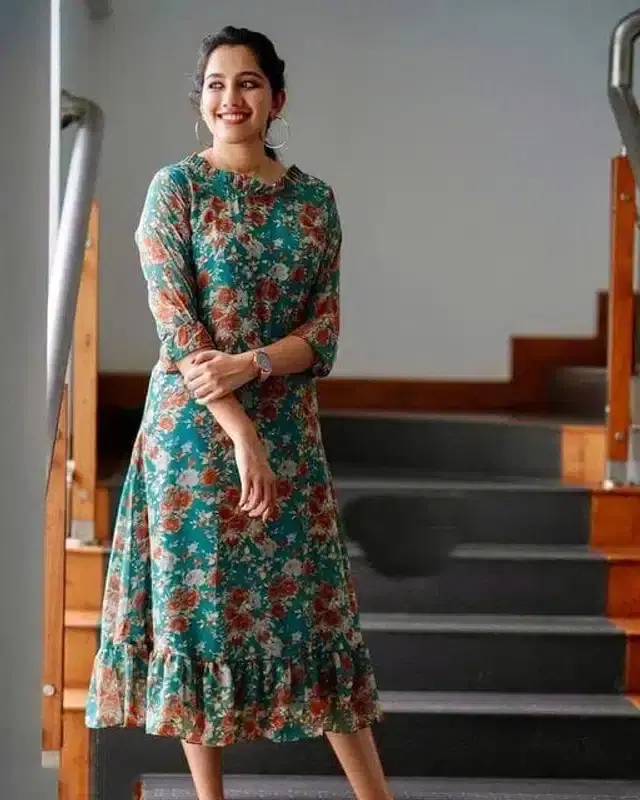 Women's Floral Print Flared Anarkali Gown (Aqua Blue, 2XL)