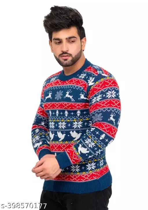 Full Sleeves Sweater for Men (Blue & Red, L)