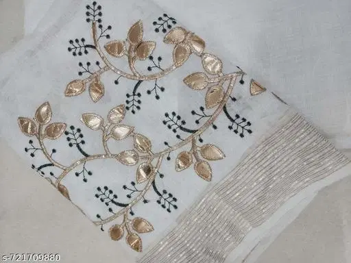 Embroidered Botanical Chanderi Saree (White, Free Size)