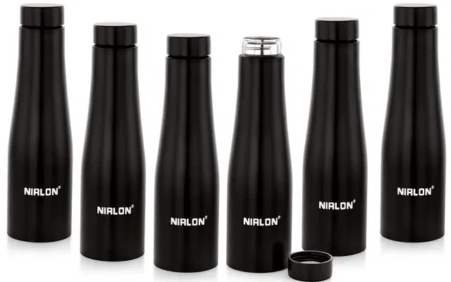 Nirlon Tall Bell Black Single Wall Stainless Steel Water Bottle, Set Of 6, 1000Ml|Black|100% Leak Proof|Office Bottle|Gym Bottle |Hiking |Treking Bottle|Travel Bottle|Fridge Bottle
