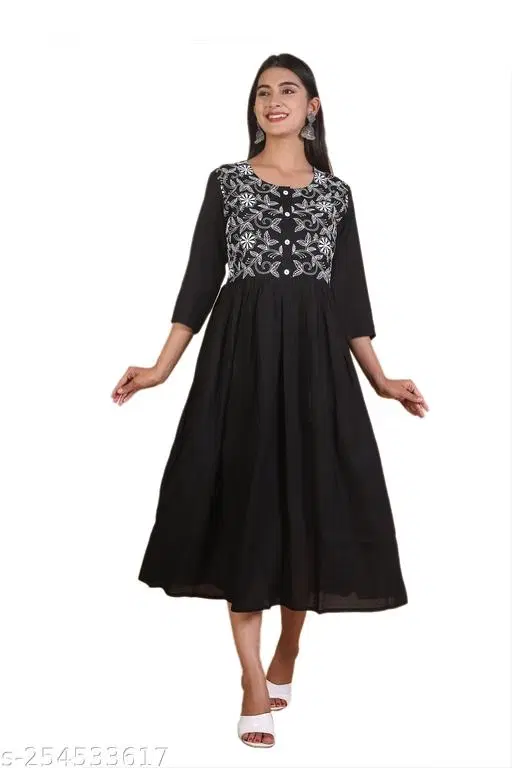 Rayon Kurta & Payjama Set For Women, Black (L)