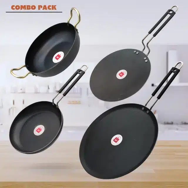 Frying Pan & Tawa Set, Pack of 4, Black, 1000 ml