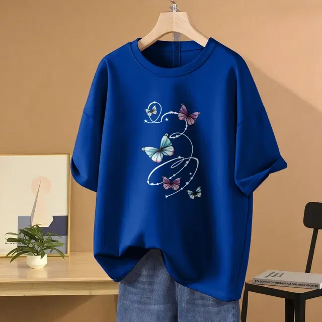 Oversized Cotton Blend T-shirts for Women (Blue, XXS)