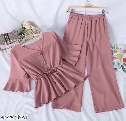 Polyester Solid Top & Bottom Set for Women, Peach (XXS)