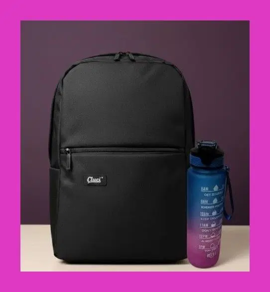 Polyester Backpack with Plastic Water Bottle Set for Men & Women, Black