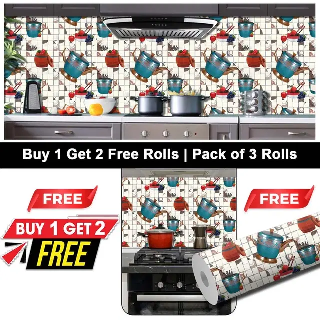 Vinyl Wallpaper for Kitchen Wall, Multicolor, 100x40 cm, Pack of 3