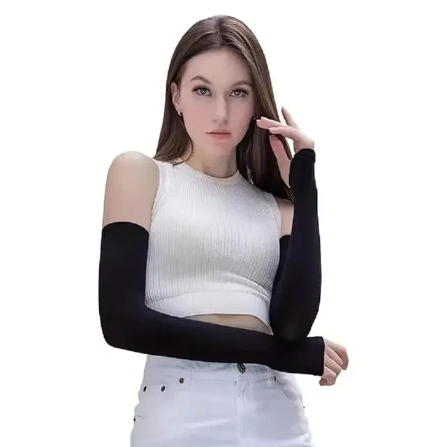 Nylon Arm Sleeves for Girls , Black