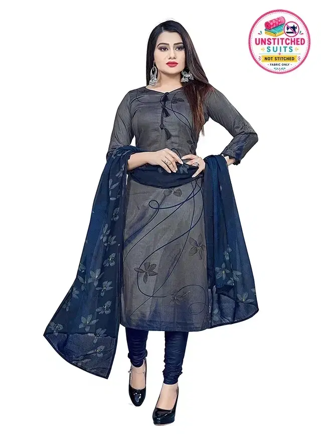 Cotton Blend Printed Unstitched Suit with Dupatta for Women, Grey