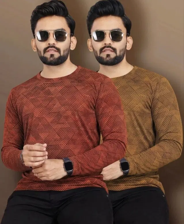Printed Round Neck Polyester T-Shirts (Pack of 2) for Men (Yellow, M)
