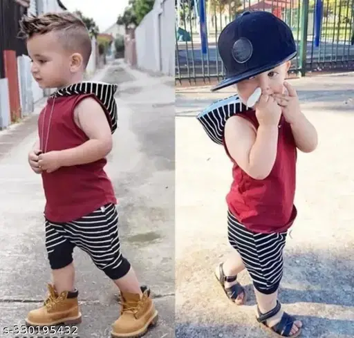 Cotton Printed Clothing Set for Boys, Maroon & Grey (6-12 Months)