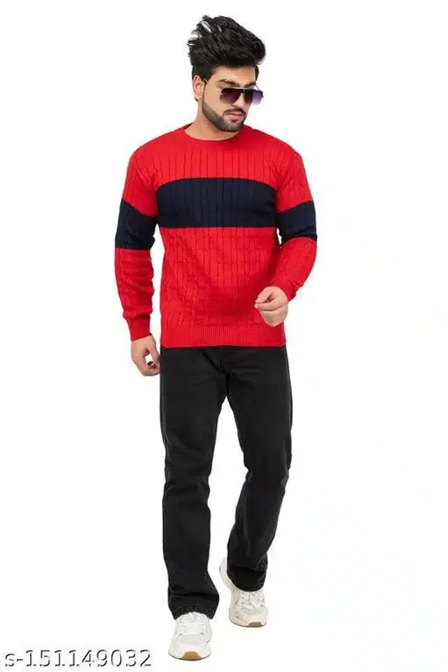 Acrylic Sweater for Men (Red & Black, M)