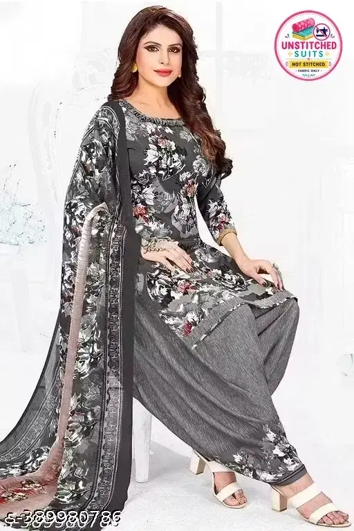 Printed Crepe Unstitched Suit Fabric for Women, Grey (Free size)