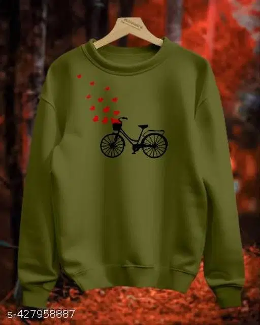 Cotton Printed Sweatshirt for Women (Olive, XS)