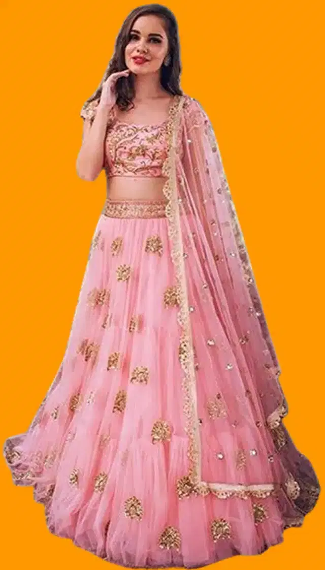 Net Embroidred Semi Stiched Lehenga Choli for Women (Pink)